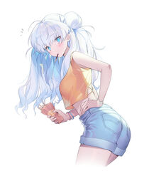  absurdres ahoge bare_arms blue_eyes blue_hair blue_shorts blush breasts commentary crop_top cropped_legs female food food_in_mouth from_side hair_bun hair_ornament hairclip hand_on_own_hip highres holding holding_food leaning_forward looking_to_the_side medium_breasts mouth_hold multicolored_hair orange_shirt original pocky seoji shirt short_shorts shorts simple_background single_hair_bun solo streaked_hair white_background white_hair wristband 