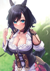  absurdres animal_ears apron black_hair black_sleeves blue_eyes blurry blurry_background blush bob_cut breasts cleavage closed_mouth collarbone commentary_request depth_of_field detached_sleeves eishin_flash_(umamusume) female frilled_apron frills hair_between_eyes hand_up highres horse_ears horse_girl layered_sleeves long_sleeves looking_at_viewer medium_breasts medium_hair neko_punch_(user_hddm3373) parted_bangs puffy_short_sleeves puffy_sleeves red_skirt shirt short_over_long_sleeves short_sleeves skirt smile solo swept_bangs umamusume waist_apron white_apron white_shirt white_sleeves 