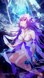  00kashian00 barefoot bikini breasts cleavage closed_mouth commentary_request fate/grand_order fate_(series) female flower full_body hair_between_eyes hair_flower hair_ornament highres ice iceberg long_hair looking_away looking_up medium_breasts purple_hair red_eyes scathach_(fate) scathach_skadi_(fate) scathach_skadi_(swimsuit_ruler)_(fate) scathach_skadi_(swimsuit_ruler)_(third_ascension)_(fate) see-through smile solo swimsuit twitter_username underwater veil white_bikini white_flower 