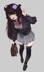  absurdres bag black_thighhighs blob bow brown_hair cardigan centi_(nimu) female full_body hairbow highres indie_virtual_youtuber long_hair looking_at_viewer nimu_(vtuber) pleated_skirt school_bag school_uniform skirt smile solo thighhighs v virtual_youtuber yubbiidraw 