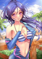  absurdres beach bikini birthday blue_hair blush bodysuit breasts cleavage cloud cloudy_sky collarbone commentary day diving_suit female high_ponytail highres large_breasts long_hair love_live! love_live!_sunshine!! matsuura_kanan navel notinversion ocean open_bodysuit open_clothes outdoors palm_tree ponytail purple_eyes sidelocks sky solo striped_bikini striped_clothes swimsuit tree wetsuit 