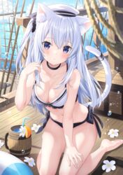  air_bubble animal_ear_fluff animal_ears bare_arms bare_legs barefoot bikini black_bikini black_choker blue_eyes blue_hair blurry blurry_foreground breasts bubble cat_ears cat_girl cat_tail choker cleavage closed_mouth commentary_request cup day drinking_straw female flower full_body hair_between_eyes hair_ornament hair_scrunchie hand_on_own_thigh hand_up hat highres jimmy_madomagi kneeling long_hair looking_at_viewer medium_breasts mirutani_nia mismatched_bikini mole mole_under_eye navel noripro one_side_up outdoors rope sailor_hat scrunchie ship ship_deck side-tie_bikini_bottom solo stomach swimsuit tail tail_raised virtual_youtuber water watercraft white_bikini white_flower white_hat 