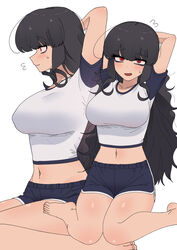  :d arms_behind_head bags_under_eyes barefoot black_hair blush body_blush breasts commentary_request crop_top cropped_shirt female flying_sweatdrops highres korean_commentary large_breasts long_hair looking_at_viewer midriff multiple_views nakta navel open_mouth original red_eyes shorts sitting smile stray_hair wariza you&#039;re_under_my_skin! 