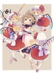  5girls arm_grab arm_up armlet ashiyu_(ashu-ashu) back_bow blonde_hair blush_stickers bow bracelet brown_eyes brown_hair clone closed_eyes commentary_request crystal dress earmuffs flandre_scarlet four_of_a_kind_(touhou) full_body hat hat_ribbon highres holding hug jewelry laevatein_(touhou) long_hair mob_cap multiple_girls oerba_yun_fang open_mouth pink_dress pointy_ears red_eyes red_footwear red_ribbon red_skirt red_vest ribbon ritual_baton sandals shirt shoes short_hair short_sleeves side_ponytail skirt sleeveless sleeveless_dress smile socks sweatdrop touhou toyosatomimi_no_miko vest wavy_mouth white_bow white_headwear white_legwear white_shirt wings wrist_cuffs 