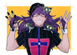  1boy baseball_cap champion_uniform closed_eyes commentary_request dreepy facial_hair gloves hands_up hat holding holding_own_hair korean_commentary lemonmelon00 leon_(pokemon) long_hair male_focus pokemon pokemon_(creature) pokemon_swsh purple_hair shirt smile teeth upper_body 