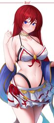  absurdres alexiel_(summer)_(granblue_fantasy) arm_at_side bad_id bad_twitter_id bare_shoulders bikini blue_eyes blush breasts character_name cleavage collarbone colored_eyelashes commentary_request cowboy_shot female godsworn_alexiel granblue_fantasy groin hair_between_eyes highres large_breasts layered_bikini light_smile long_hair midriff miniskirt navel pleated_skirt red_hair skirt solo standing starblue swimsuit thighs very_long_hair white_background white_bikini white_skirt 