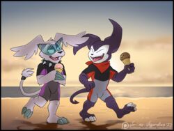  4:3 anthro bandai_namco bandana beach claws collar dessert digimon digimon_(species) digital_media_(artwork) duo eyewear feet food fur gazimon grey_body grey_fur ice_cream ice_cream_cone imp impmon kerchief male male_anthro purple_body seaside short short_anthro short_male spiked_collar spikes sunglasses toe_claws vir-no-vigoratus wetsuit 