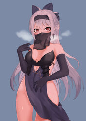  absurdres armor bad_id bad_pixiv_id bare_shoulders black_gloves blue_background blue_bow blue_tabard bow breastplate breasts breath cleavage commentary_request covered_navel cowboy_shot cutout_above_navel dagger_earrings drop_earrings earrings elbow_gloves female floral_print girls&#039;_frontline gloves grey_hair hairband hairbow hako_reeema hand_on_own_chest hand_on_own_stomach hand_up highres hip_focus jewelry lace-trimmed_hairband lace_trim long_hair looking_at_viewer mouth_veil no_choker no_panties partial_commentary red_eyes see-through sideless_outfit sidelocks small_breasts solo sweat tabard thighs tokarev_(girls&#039;_frontline) tokarev_(griffin&#039;s_dancer)_(girls&#039;_frontline) veil very_long_hair 