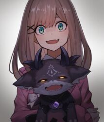  bad_id bad_twitter_id black_fur black_sclera blue_eyes cardigan colored_sclera commentary crazy_eyes debidebi_debiru demon demon_wings fangs female film_grain gradient_background hair_ornament holding horns jewelry light_brown_hair long_hair looking_at_viewer nijisanji open_mouth pendant pink_cardigan ribbon sharp_teeth skin_fangs sleeves_past_wrists smile staring suzuhara_lulu suzuhara_lulu_(1st_costume) teeth upper_body virtual_youtuber wide-eyed wings x_hair_ornament ziu 