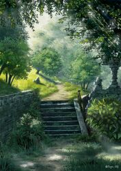  absurdres artist_name day grass highres no_humans original outdoors path regu_(7lava) ruins scenery stairs tree 