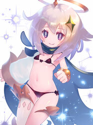  bad_id bad_pixiv_id bare_shoulders bikini black_bikini bow bright_pupils cape fairy female genshin_impact halo long_sleeves looking_at_viewer navel paimon_(genshin_impact) petite purple_eyes simple_background single_thighhigh smile solo sparkle swimsuit tanaka_ken&#039;ichi thighhighs white_background white_footwear white_hair 