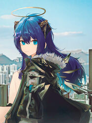  arknights black_jacket blue_eyes blue_hair blue_sky city closed_mouth day detached_wings eyebrows_hidden_by_hair female from_side fur-trimmed_jacket fur_trim halo highres horns jacket long_hair long_sleeves looking_at_viewer looking_to_the_side mostima_(arknights) open_clothes open_jacket outdoors runamonet sky smile solo very_long_hair wings 