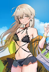  absurdres banssee bare_shoulders bikini black_bikini breasts brown_eyes closed_mouth collarbone cross cross_earrings earrings female girls&#039;_frontline hair_ornament hairclip highres jewelry light_brown_hair long_hair medium_breasts navel official_alternate_costume ppk_(foliage_romance)_(girls&#039;_frontline) ppk_(girls&#039;_frontline) smile solo swimsuit very_long_hair 