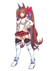  animal_ears breasts brown_hair closed_mouth collar cosplay daiwa_scarlet_(umamusume) female full_body garter_straps hair_intakes hair_tie hand_on_own_hip headgear hip_vent horse_ears horse_girl horse_tail jacket kantai_collection large_breasts long_hair moke_ro pleated_skirt purple_eyes red_skirt simple_background skirt solo standing tail thighhighs tiara trait_connection twintails uchuu_senkan_yamato uchuu_senkan_yamato_2199 umamusume very_long_hair white_background white_jacket white_thighhighs yamato_(kancolle) yamato_(kancolle)_(cosplay) 