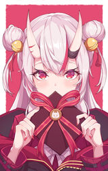  alternate_costume covering_own_mouth double_bun female gift grey_hair hair_between_eyes hair_bun highres hitokuchii hololive horns jacket long_hair looking_at_viewer multicolored_hair nakiri_ayame photoshop_(medium) portrait red_eyes red_hair simple_background skin-covered_horns solo streaked_hair valentine virtual_youtuber 