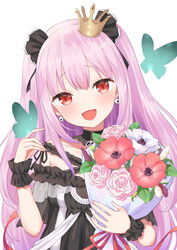  :d black_dress black_ribbon bouquet bug butterfly collar collarbone crown dress earrings female flower furutori hair_ribbon head_tilt highres holding holding_bouquet hololive jewelry long_hair looking_at_viewer mini_crown oerba_yun_fang off-shoulder_dress off_shoulder official_alternate_costume open_mouth pink_flower pink_hair red_eyes red_flower ribbon see-through see-through_sleeves simple_background skin_fang skull_earrings smile solo two_side_up upper_body uruha_rushia uruha_rushia_(3rd_costume) virtual_youtuber white_background white_flower wristband 