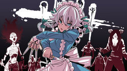  amanda_young apron between_fingers black_background blue_dress blue_eyes bow braid breasts commentary_request cowboy_shot cross crossover dead_by_daylight dress female gradient_background hair_between_eyes hair_ribbon highres holding holding_knife izayoi_sakuya kawayabug knife knives_between_fingers long_sleeves looking_at_viewer maid_apron maid_headdress medium_breasts medium_hair open_mouth partial_commentary pig_mask ribbon saw_(movie) side_braids sword the_clown_(dead_by_daylight) the_huntress_(dead_by_daylight) the_nurse_(dead_by_daylight) the_spirit_(dead_by_daylight) the_wraith_(dead_by_daylight) touhou tress_ribbon twin_braids weapon white_hair zombie 