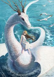  absurdres artist_name barefoot bird blue_eyes bow brown_eyes brown_hair day dragon dress fantasy female hairbow highres horns long_hair looking_at_viewer ocean original outdoors regu_(7lava) seagull sidesaddle sitting smile water white_bow white_dress wind 