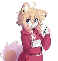  anakoluth animal_ears aska_(anakoluth) blonde_hair blue_eyes blush commentary dog_ears dog_girl dog_tail english_commentary female furry furry_female glasses highres hood hoodie long_sleeves looking_at_viewer oerba_yun_fang open_mouth original red_hoodie round_eyewear short_hair smile solo tail upper_body 