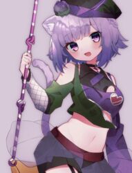  :d animal_ears blush braid breast_cutout cat_ears cat_girl cat_tail clothing_cutout collared_shirt crop_top eringikinono female flower garter_straps hat hat_flower heart_on_chest highres holding hololive layered_skirt long_sleeves midriff navel nekomata_okayu nekomata_okayu_(poisonya_syndrome) off-shoulder_shirt off_shoulder official_alternate_costume open_mouth partially_unzipped purple_eyes purple_hair see-through see-through_skirt shirt short_hair shoulder_cutout skirt smile solo tail virtual_youtuber 