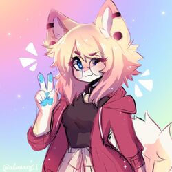  :3 anakoluth animal_ears aska_(anakoluth) black_shirt blonde_hair blue_eyes blush choker closed_mouth dog_ears dog_girl dog_tail female furry furry_female glasses highres looking_at_viewer one_eye_closed original round_eyewear shirt short_hair smile solo tail v 