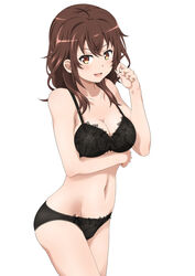  black_bra black_panties bra breasts brown_eyes brown_hair cleavage commentary_request cowboy_shot female high_school_fleet highres hiraizumi_(mugenkidousha) kuroki_hiromi looking_at_viewer medium_breasts medium_hair navel panties simple_background solo underwear underwear_only white_background 