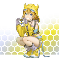  artist_name belt black_choker blue_belt blue_eyes bumblebee_(kotobukiya_bishoujo)_(transformers) bumblebee_(transformers) choker cropped_hoodie female grey_shorts grey_socks hair_behind_ear heart heart_hands holding holding_toy hood hood_up hoodie horned_hood horns kotobukiya_bishoujo looking_at_viewer pandacron parted_lips shoes short_hair shorts sleeveless sleeveless_hoodie smile sneakers socks solo squatting toy transformers tube_socks watermark yellow_footwear yellow_shorts 