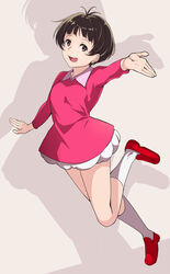  :d black_hair brown_background brown_eyes collared_dress commentary_request creek_(moon-sky) dress drooling female full_body isono_wakame loafers long_sleeves looking_at_viewer open_mouth outstretched_arm pink_dress red_footwear sazae-san shoes smile socks solo white_socks 