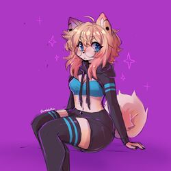  alternate_costume anakoluth animal_ears aska_(anakoluth) black_shorts black_thighhighs blonde_hair blue_eyes breasts cleavage crop_top dog_ears dog_girl dog_tail female furry furry_female glasses highres long_sleeves looking_at_viewer medium_breasts navel original purple_background round_eyewear shorts shrug_(clothing) simple_background sitting solo tail thighhighs twitter_username 