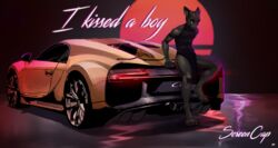  anthro bugatti car clothed clothing crossdressing digital_media_(artwork) domestic_cat dress ear_piercing english_text felid feline felis femboy hi_res leaning leaning_forward leaning_on_edge leaning_on_object looking_at_viewer male mammal piercing screencap_(artist) shaded simple_background slim smile solo standing synthwave text translucent translucent_clothing vehicle 