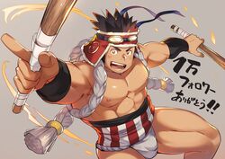  1boy abs absurdres arm_up bara bare_pectorals blush brown_hair bulge drumsticks facial_hair fai_(fai-storage) festival fundoshi goggles goggles_on_head happi highres japanese_clothes large_pectorals loincloth looking_at_viewer male_focus male_underwear muscular muscular_male nipples original pectorals short_hair sideburns solo spiked_hair stubble thick_thighs thighs underwear white_male_underwear 