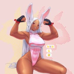  1girls abs bunny_ears calad_g dark-skinned_female dark_skin emoji female female_only fully_clothed leotard miruko muscular_female my_hero_academia red_eyes rumi_usagiyama solo solo_female solo_focus white_hair 