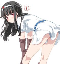  ! ass black_hair blush breasts circlet closed_mouth dress druaga_no_tou elbow_gloves female fingerless_gloves gloves ki_(druaga) long_hair looking_at_viewer noto_(soranoto) red_eyes simple_background solo thighhighs white_background 