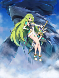  :d absurdres blue_sky breasts circlet cleavage cleavage_cutout clothing_cutout cloud cloudy_sky cosplay dress elbow_gloves elira_pendora female full_body gloves green_hair highres holding holding_sword holding_weapon long_hair looking_at_viewer mythra_(xenoblade) mythra_(xenoblade)_(cosplay) nijisanji nijisanji_en open_mouth orange_eyes outdoors sky smile solo sword thigh_strap tsukinaga very_long_hair virtual_youtuber weapon white_dress white_footwear white_gloves xenoblade_chronicles_(series) xenoblade_chronicles_2 