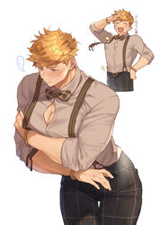  1boy ^_^ bara blonde_hair blush brown_pants brown_shirt bulge bursting_pectorals chibi closed_eyes covering_chest covering_privates cowboy_shot cropped_legs embarrassed granblue_fantasy green_eyes higashigunkan male_focus multiple_views muscular muscular_male open_clothes open_shirt pants partially_unbuttoned pectoral_cleavage pectorals rolling_sleeves_up salute shirt short_hair suspenders thick_thighs thighs vane_(granblue_fantasy) white_shirt 