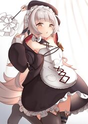  absurdres apron arm_up azur_lane bare_shoulders beret black_hat black_jacket black_skirt black_thighhighs blush brown_eyes commentary_request duster female frilled_skirt frills grey_hair hand_up hat headpiece highres holding jacket long_hair long_sleeves looking_at_viewer moyoron official_alternate_costume parted_lips puffy_long_sleeves puffy_sleeves skirt solo standing standing_on_one_leg thighhighs tilted_headwear very_long_hair waist_apron white_apron z46_(azur_lane) z46_(chronicles_of_the_dust_wars)_(azur_lane) 