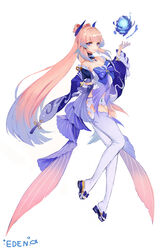  absurdres artist_name bow bow-shaped_hair bowtie breasts cleavage detached_collar eden_(shiroki_yuutsu) female frilled_sleeves frills full_body genshin_impact hair_ornament highres long_hair looking_at_viewer pink_hair purple_eyes sangonomiya_kokomi short_shorts shorts smile solo tailcoat thighhighs white_thighhighs wide_sleeves 