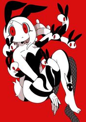  87sukiyaki bunny_costume claws clothing costume european_mythology female gorgon greek_mythology hi_res humanoid leggings legwear living_hair medusa mythology peone pseudo_hair red_background red_eyes reptile scalie simple_background snake snake_hair tattoo tongue tongue_out white_body 