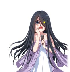  :d bare_shoulders black_hair blue_eyes blush dress female hair_over_one_eye hand_on_own_cheek hand_on_own_face holding holding_microphone idol_wars_z microphone nakahara_kasumi official_art smile solo standing third-party_source transparent_background upper_body 