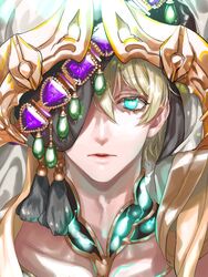  1boy aladdin_(sinoalice) arabian_clothes blonde_hair blue_eyes corruption glowing glowing_eyes half-nightmare headdress highres looking_at_viewer male_focus ogamiomi one_eye_covered open_mouth parted_lips short_hair sinoalice solo veil 