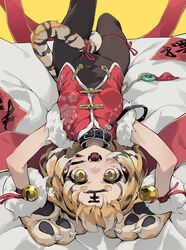  absurdres animal_ears animal_hands arms_up bed_sheet bell black_bodysuit body_writing bodysuit brown_eyes brown_hair commentary_request covered_navel fangs female gloves groin highres iyasu_shikaku jingle_bell looking_at_viewer lying on_back open_mouth original paw_gloves red_shirt shirt short_eyebrows sleeveless sleeveless_shirt solo striped_hair tail thick_eyebrows tiger_ears tiger_girl tiger_tail 