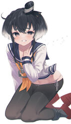  anchor anchor_symbol artist_name black_eyes black_hair black_pantyhose blush colored_tips commentary_request female grin hat high_heels highres kanae_(inorin05kanae) kantai_collection kneeling long_sleeves looking_at_viewer multicolored_hair neckerchief panties pantyhose sailor_collar school_uniform serafuku side-tie_panties simple_background skindentation smile solo tokitsukaze_(kancolle) underwear white_background white_hair white_panties 