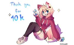  anakoluth animal_ears arm_support aska_(anakoluth) black_thighhighs blonde_hair blue_eyes blush closed_mouth dog_ears dog_girl dog_tail female full_body furry furry_female garter_straps highres hood hoodie long_sleeves looking_at_viewer milestone_celebration open_mouth original red_hoodie shoes short_hair smile sneakers solo tail thighhighs v white_footwear 