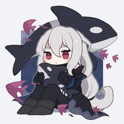  arknights black_footwear black_jacket black_pantyhose blush_stickers boots chibi closed_mouth commentary commission female full_body grey_hair hair_between_eyes highres holding holding_stuffed_toy jacket long_hair looking_at_viewer low-tied_long_hair orca pantyhose red_eyes short_eyebrows sitting skadi_(arknights) skadi_(elite_ii)_(arknights) skeb_commission solo someyaya stuffed_animal stuffed_orca stuffed_toy thick_eyebrows 