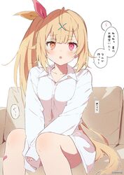  :o bandaid bandaid_on_leg bare_legs between_legs blonde_hair blush bottomless breasts buttons collared_shirt couch feet_out_of_frame female fingernails h_(eitilog) hair_ornament hair_ribbon hand_between_legs heterochromia highres hoshikawa_sara long_hair looking_at_viewer medium_breasts nail_polish nijisanji on_couch open_mouth oversized_clothes oversized_shirt pink_nails red_eyes red_ribbon ribbon shirt side_ponytail sitting sleeves_past_fingers sleeves_past_wrists solo speech_bubble tearing_up translated twitter_username very_long_hair virtual_youtuber white_background white_shirt x_hair_ornament yellow_eyes yellow_ribbon 