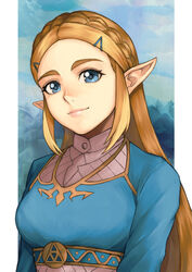  alternate_eye_color blonde_hair blue_eyes border braid breasts brown_hair closed_mouth cloud commentary crown_braid female forehead gold_trim hair_ornament hairclip light_brown_hair lips long_hair long_sleeves looking_at_viewer medium_breasts multicolored_hair natrium_picture pointy_ears pointy_nose princess_zelda sidelocks sky solo the_legend_of_zelda the_legend_of_zelda:_breath_of_the_wild thick_eyebrows triforce_print two-tone_hair upper_body white_border 