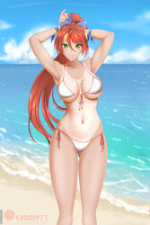  adjusting_hair bangs banned_artist bare_hips bare_legs bare_shoulders bikini breasts circlet female green_eyes hair_ribbon headgear highres kimmy77 large_breasts legs looking_at_viewer navel ponytail pyrrha_nikos red_hair ribbon rwby shiny shiny_skin side-tie_bikini smile solo swimsuit tan tanlines thigh_gap 