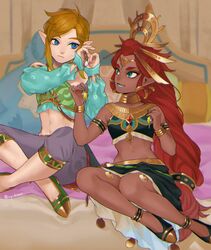  1boy androgynous aqua_eyes aqua_lips aqua_nails armlet bare_shoulders bed blonde_hair blue_eyes blue_lips breasts bridal_gauntlets circlet crop_top crossdressing dark-skinned_female dark_skin detached_sleeves earrings female frown gerudo gerudo_set_(zelda) green_eyes hair_ornament hands_up headpiece highres holding indian_style ivy_(sena0119) jewelry link lipstick long_hair looking_at_another lower_teeth_only makeup midriff navel official_alternate_costume on_bed open_mouth otoko_no_ko pillow pointy_ears red_hair riju sitting small_breasts smile stomach stuffed_walrus sweatdrop teeth the_legend_of_zelda the_legend_of_zelda:_breath_of_the_wild thick_eyebrows 