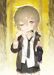  absurdres aged_down black_necktie black_skirt blurry blurry_background blush breath brown_jacket chinese_commentary collar_tug collarbone commentary_request cowboy_shot female flat_chest girls&#039;_frontline grey_hair hand_up highres holding holding_clothes holding_legwear jacket light_particles long_hair long_sleeves looking_at_viewer loose_clothes loose_necktie loose_shirt low_ponytail m200_(girls&#039;_frontline) messy_hair miniskirt necktie one_eye_closed open_clothes open_jacket open_mouth partially_unbuttoned purple_eyes shirt skirt socks solo straight-on sweat tianliang_duohe_fangdongye tie_clip tree variant_set wet wet_clothes wet_socks wiping_sweat yellow_background 