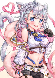  :d animal_ear_fluff animal_ears asymmetrical_bangs bad_id bad_pixiv_id belt belt_buckle black_gloves black_shorts blue_eyes blue_neckerchief blurry blurry_foreground blush braid breasts buckle cat_ears cat_tail center_frills clenched_hand collared_shirt commentary_request cowboy_shot crop_top diamond_earrings earrings female frills fur-trimmed_jacket fur_trim garter_straps gem glint gloves grey_hair hand_up heart highres jacket jewelry keyhole looking_at_viewer medium_breasts medium_hair midriff navel neckerchief nyamaso off_shoulder open_mouth paw_pose pink_ribbon ribbon shironeko_project shirt short_shorts shorts sidelocks simple_background sleeveless sleeveless_shirt smile solo tail tail_raised teeth tina_topia underbust upper_teeth_only white_background white_belt white_shirt 